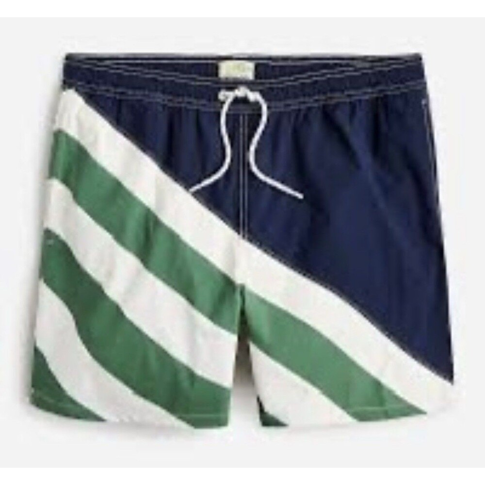 J Crew Swim Shorts Men's Sz M Green Blue Stripe Board Trunks Beach Vacation EUC